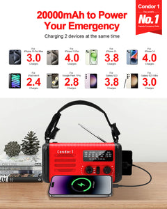 iRonsnow - Condor 1, Emergency Crank Radio, 20000mAh / 74000mWh Weather Radio, Solar Hand Crank Radio with NOAA/AM/FM, Battery Powered Radio with Cell Phone Charger, Reading Lamp, Flashlight & SOS for Emergencies/Home