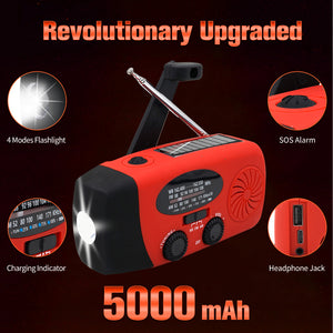 5000mAh Emergency Crank Weather Radio, iRonsnow NOAA/FM/AM Solar Radios, Portable Survival Radio with SOS, Earphone Jack, 1W 4 Modes LED Flashlight, Cell Phone Charger for Camping Hiking