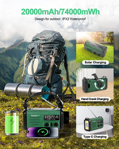 iRonsnow - Condor 1, Emergency Crank Radio, 20000mAh / 74000mWh Weather Radio, Solar Hand Crank Radio with NOAA/AM/FM, Battery Powered Radio with Cell Phone Charger, Reading Lamp, Flashlight & SOS for Emergencies/Home