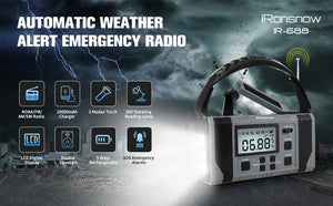 iRonsnow 10000mAh NOAA Emergency Weather Alert Radio, LCD Digital AM/FM/SW Solar Hand Crank Radio, 360° Rotatable Reading Lamp, Dual Speakers, Headphone Jack, SOS, USB Phone Charger