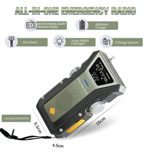 iRonsnow Emergency Weather Radio, Hand Crank Solar FM/AM/NOAA Weather Radio with 1.5W Wind Up Flashlight, 4000mAh Portable Cell Phone Charger with SOS Alarm