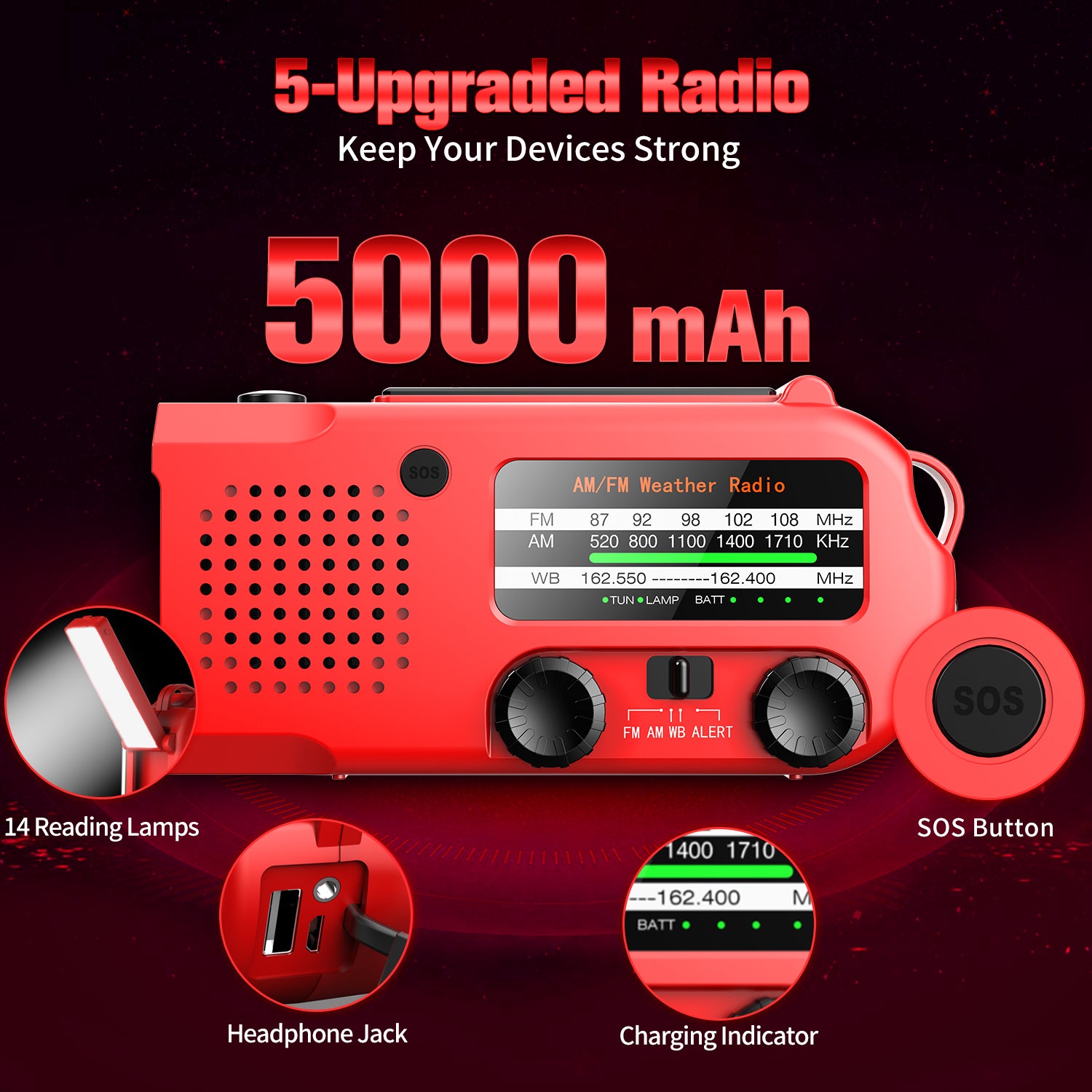 iRonsnow Weather AUTO Alert Emergency Radio, 5000mAh Solar Hand Crank