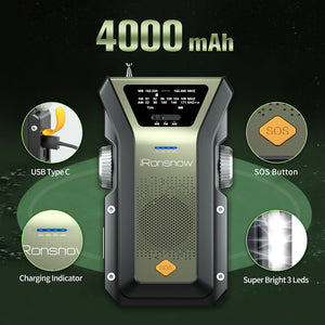 iRonsnow Emergency Weather Radio, Hand Crank Solar FM/AM/NOAA Weather Radio with 1.5W Wind Up Flashlight, 4000mAh Portable Cell Phone Charger with SOS Alarm